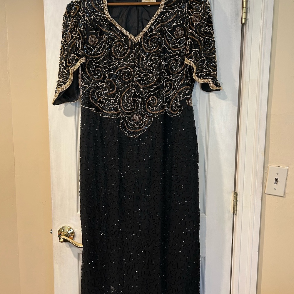Black Embellished Puff Sleeve V-Neck Gown